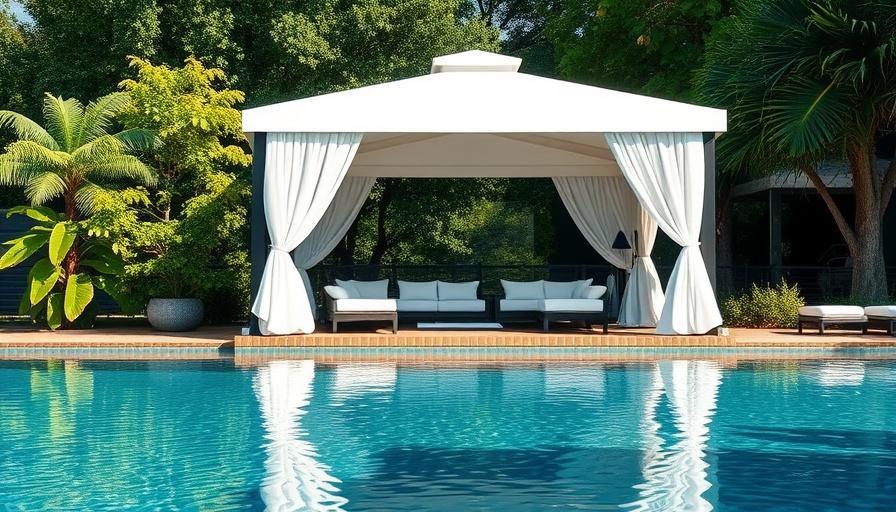 Elegant DIY pool cabana with white curtains by a pool