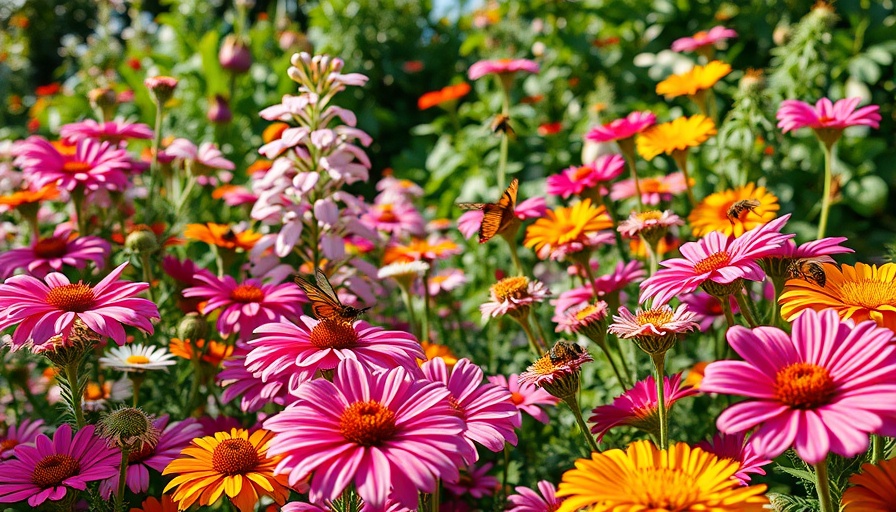 Colorful flowers attracting bees and butterflies in a vibrant garden.