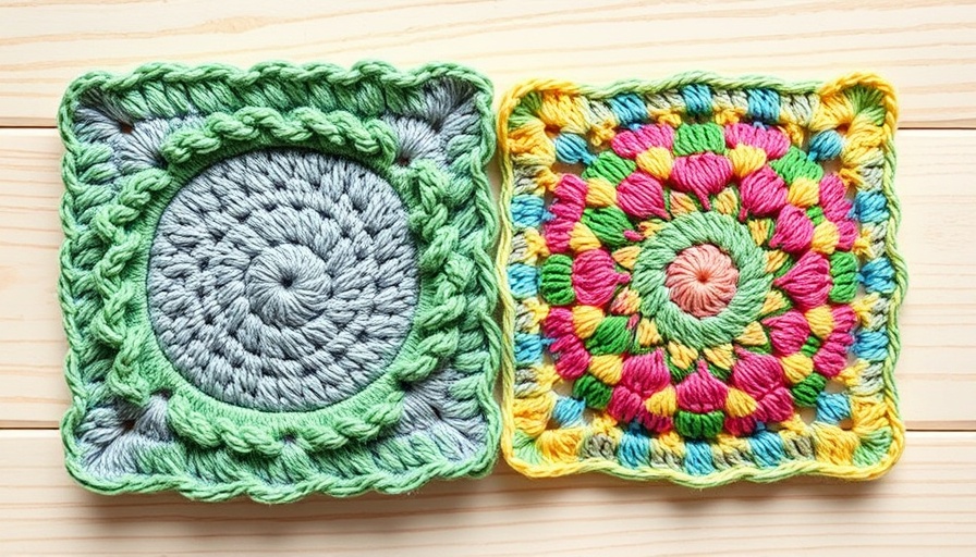 Crochet border patterns: green ruffle and colorful striped square.