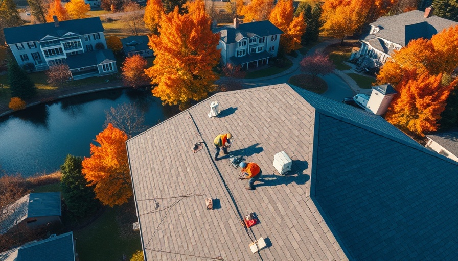 Aerial view of roof repair on a house surrounded by autumn trees.