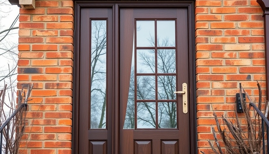 Brown storm door reflecting winter environment on brick house.