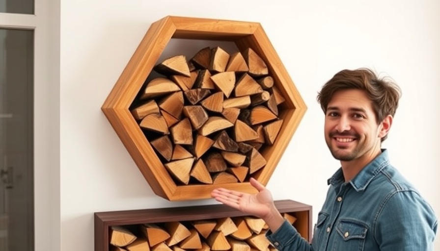 DIY firewood holder in a creative hexagonal wall-mounted design.