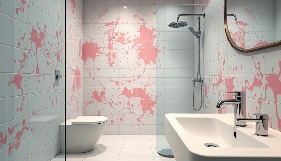 Pink mold in bathroom on tiles with contemporary decor.
