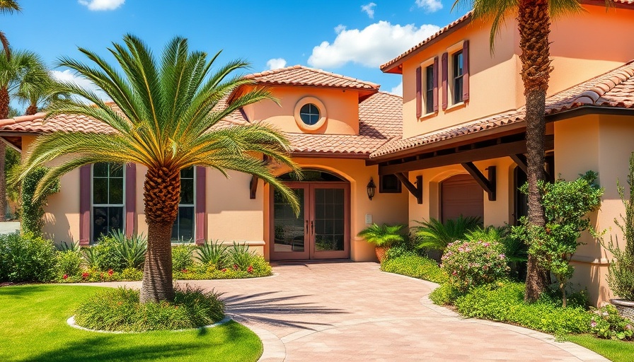 Coastal elegance at 105 Sandpiper Circle W with terracotta roof and palm.