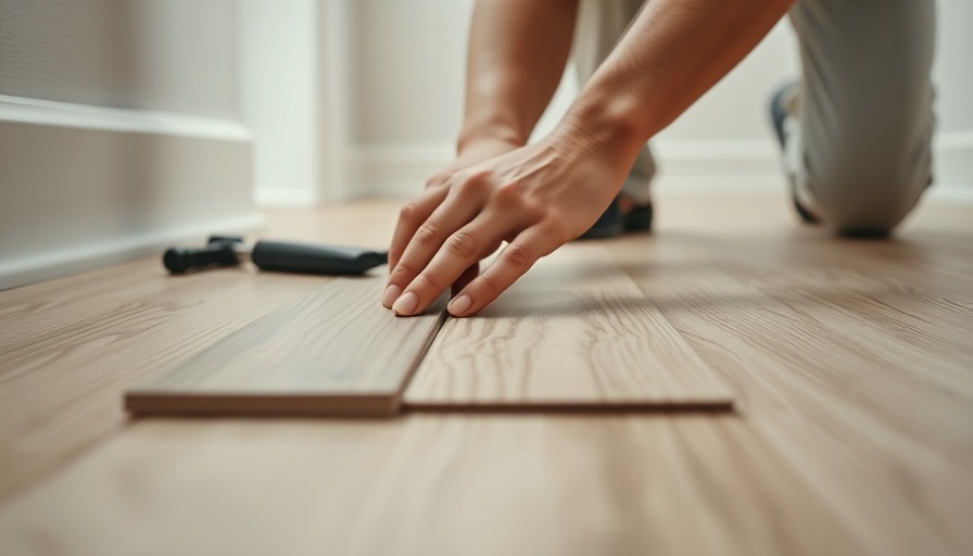 Close-up of hands repairing vinyl plank flooring, detailed view.