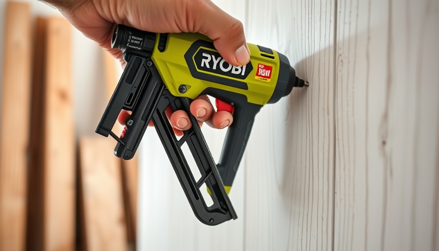 Free Ryobi Brad Nailer in action with hand holding it on a white surface.