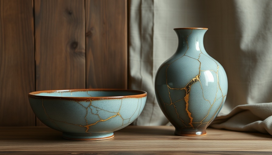 DIY Kintsugi Repair Kit Products: ceramic items with gold cracks.