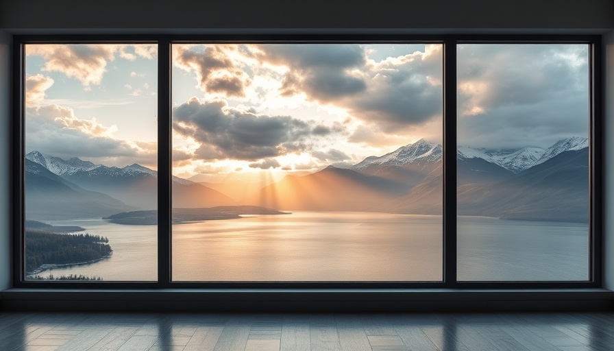 Framed mountain and lake view blending modern and classic elements