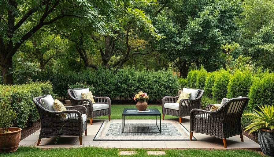 Outdoor patio with cozy seating, lush garden, summer setting.