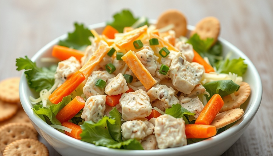 Creamy Chicken Caesar salad spread with cheese, carrots, and crackers.