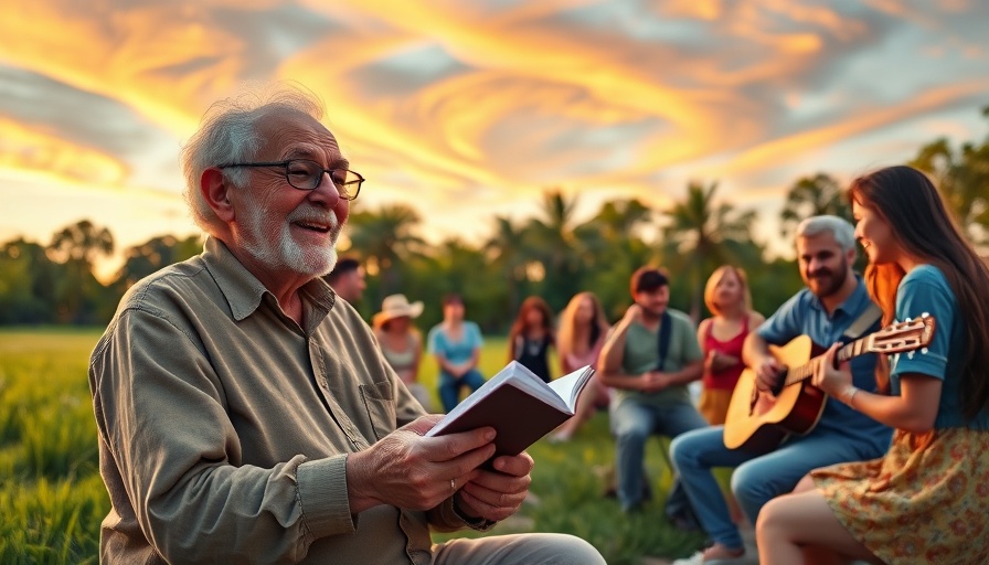 Elderly man writing in park with group listening to guitarist, meaningful life highlighted.