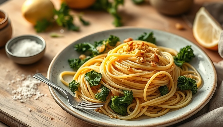 Light pasta dish with artichokes and kale in warm lighting.