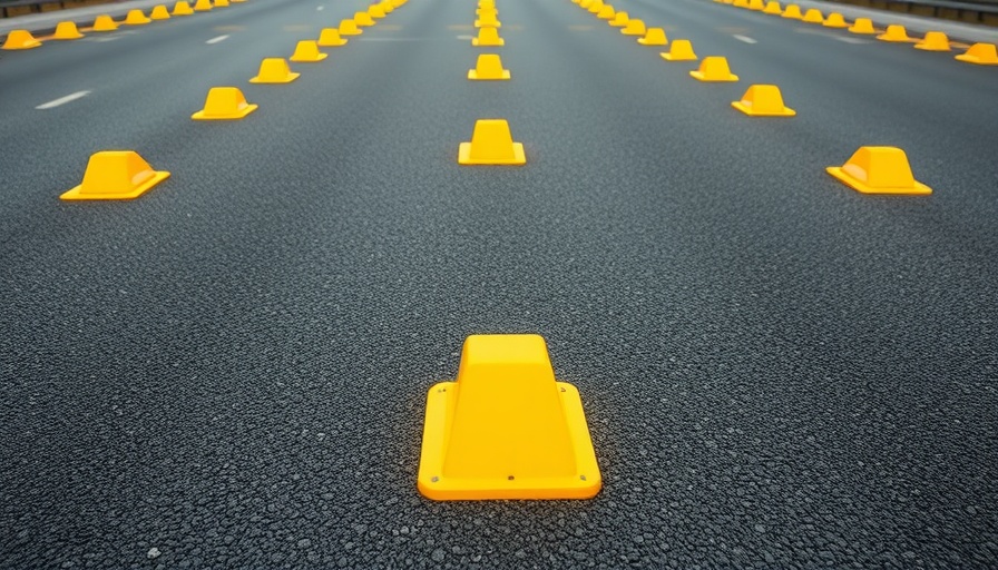 Yellow reflective road tags on dark asphalt road surface.