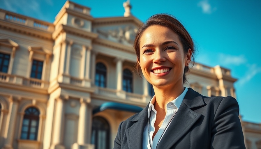 Douglas Elliman wrongful termination lawsuit concept with a smiling woman in front of a building.