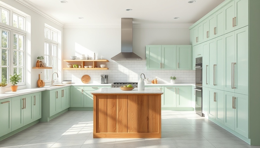 Eco-friendly kitchen with green cabinets and natural light.