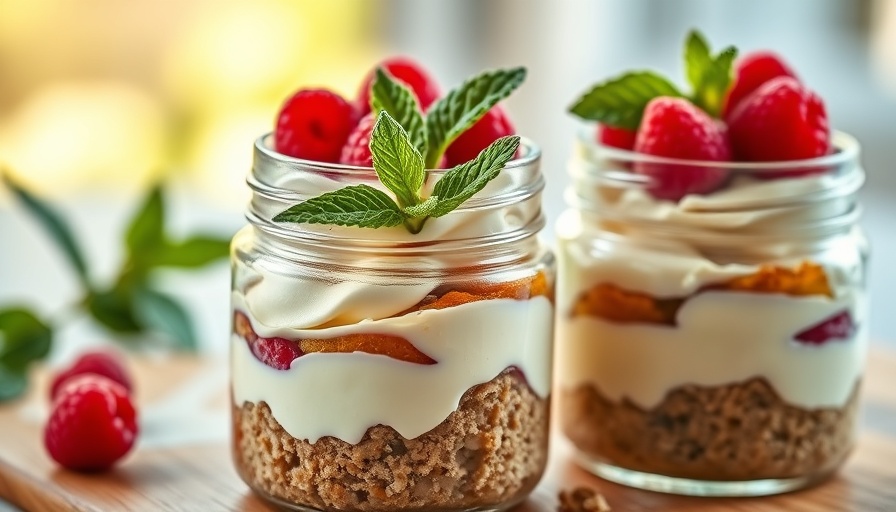 High Protein Cheesecake Jars topped with raspberries and mint.
