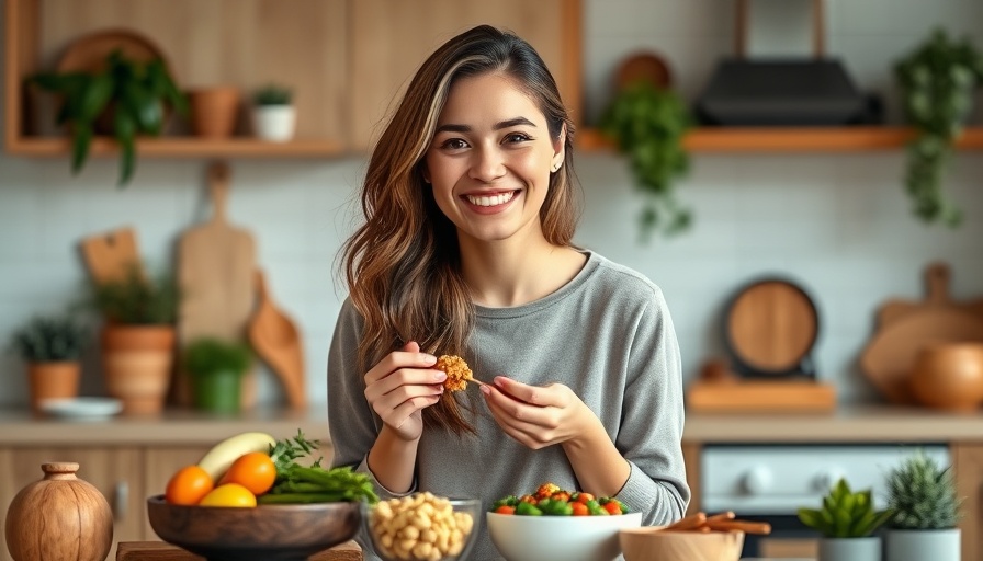 Young woman preparing high-protein snacks for energy in bright kitchen.