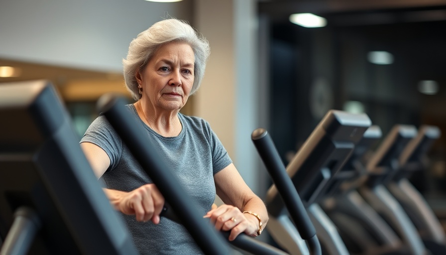Elderly woman experiencing high-intensity exercise benefits on an elliptical machine.