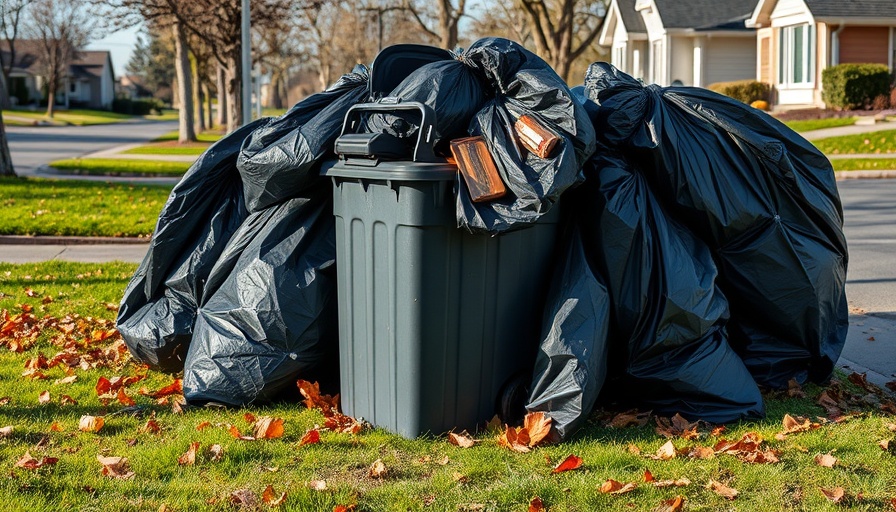 Overflowing trash bin with garbage bags curbside, suburban setting.