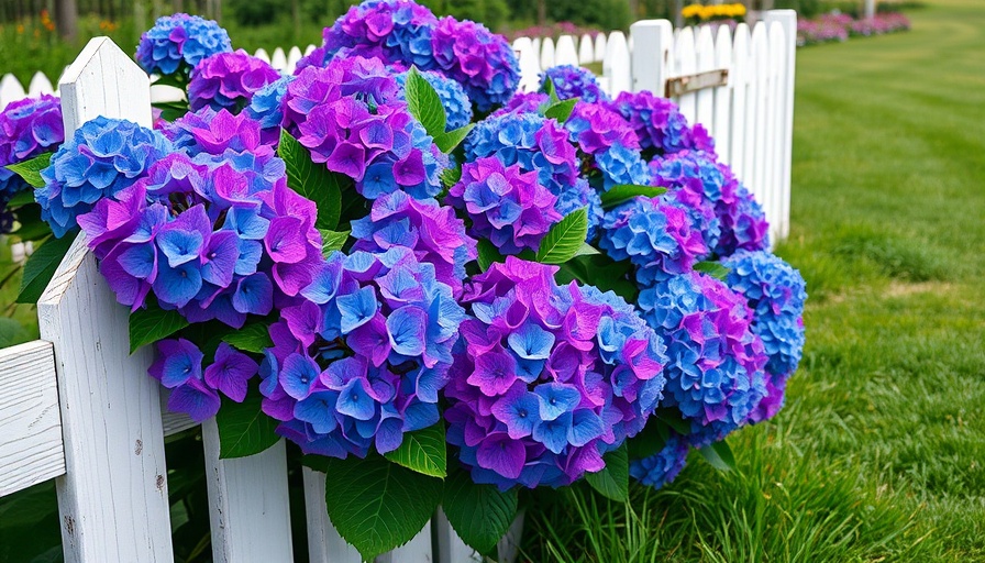 Blooming hydrangeas by a white fence, colorful garden scene.