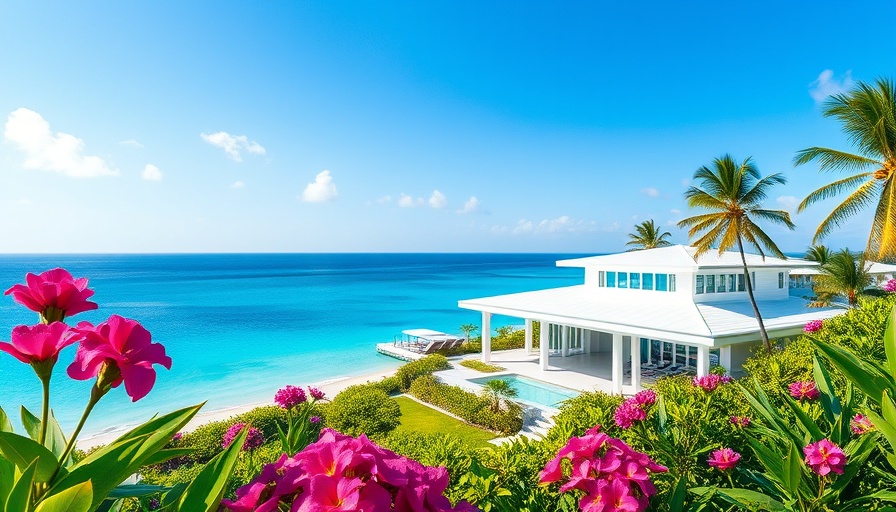 Beachfront compound for sale in Turks & Caicos with ocean view and gardens.