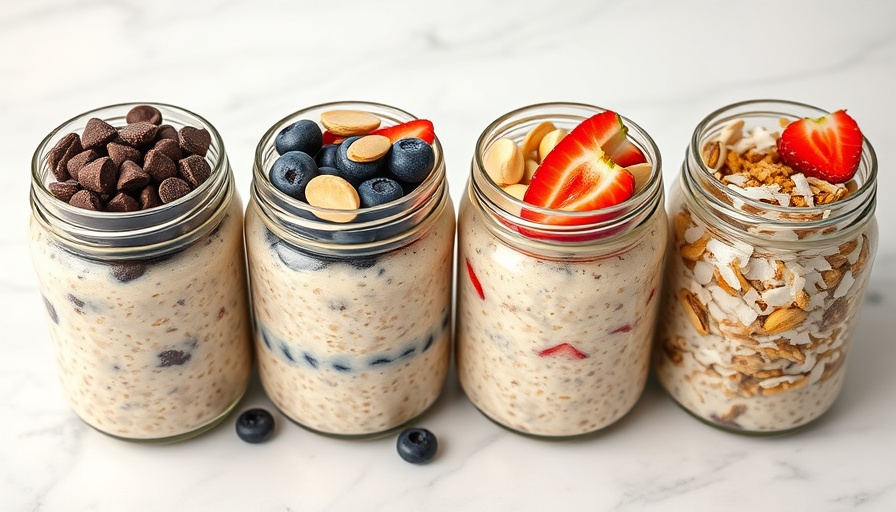 Assorted high-protein vegan overnight oats in glass jars with toppings.