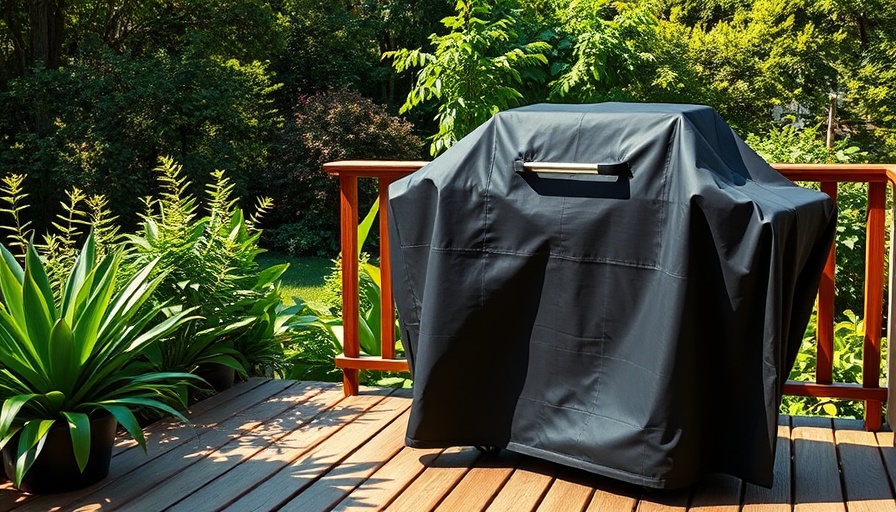 Custom grill cover for unique shapes on wooden deck, lush greenery background.