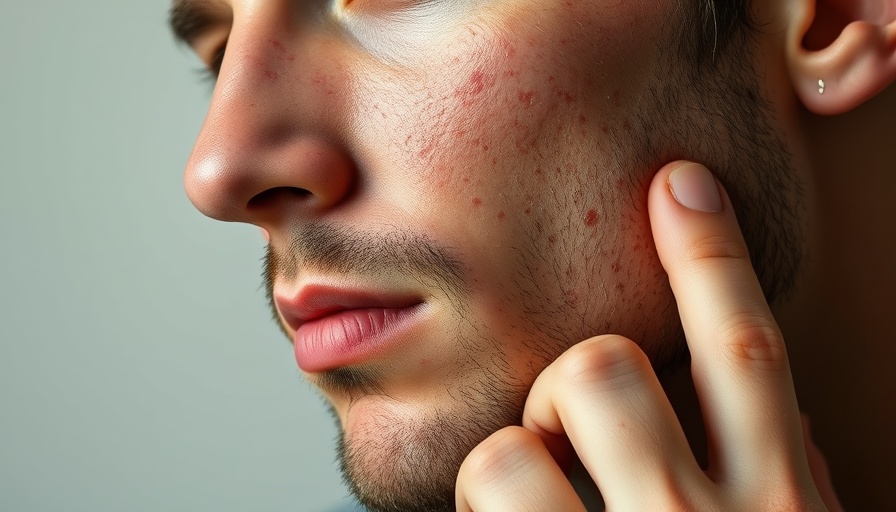 Close-up of man contemplating causes of adult acne.