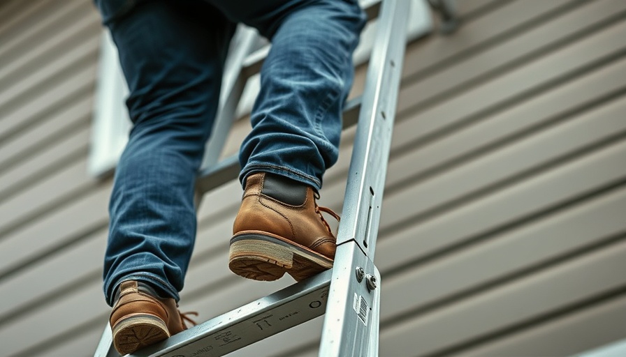 Close-up of person climbing ladder, focusing on foot and shoe, safety concept.