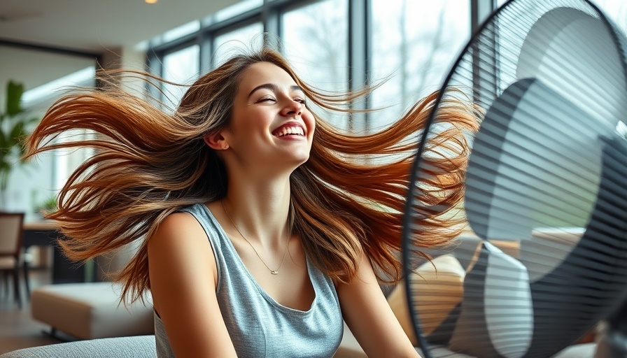 Young woman enjoying cool breeze from a fan in a living room.