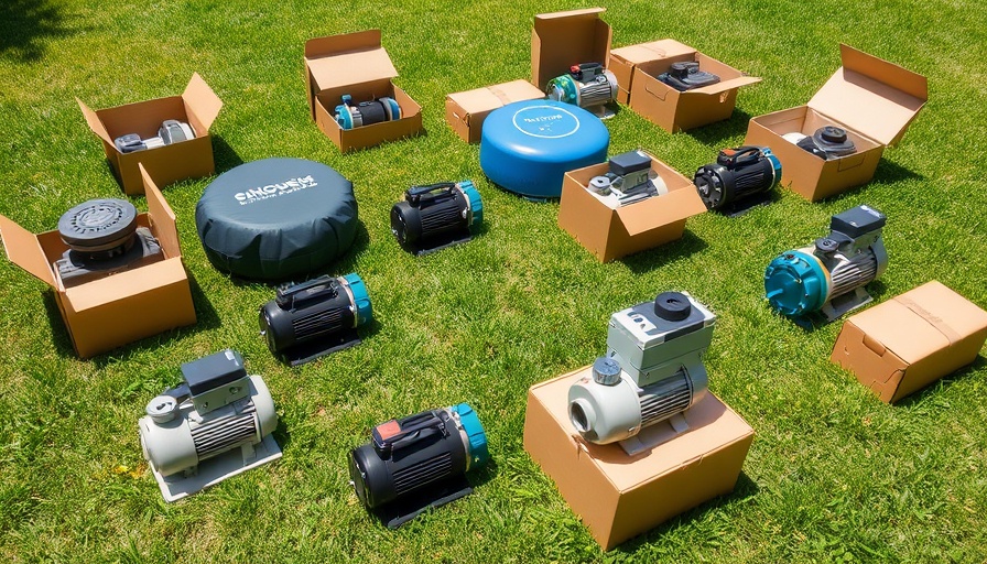 Various pool cover pumps displayed on grass for homeowners.