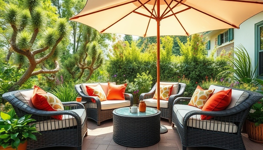 Cozy outdoor patio with wicker furniture and colorful pillows under an umbrella, lush greenery.