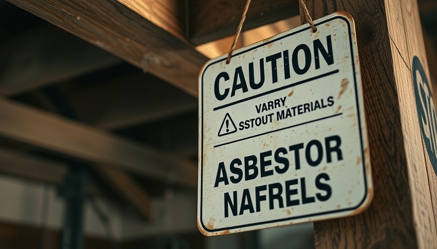 Caution sign warning of asbestos on wooden beam in subdued lighting.