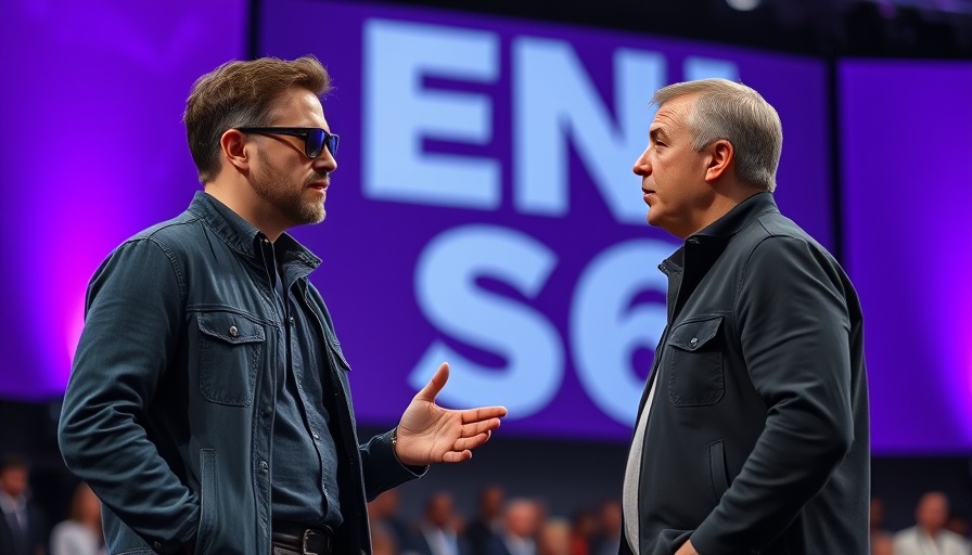 Two men in conversation at a conference stage.