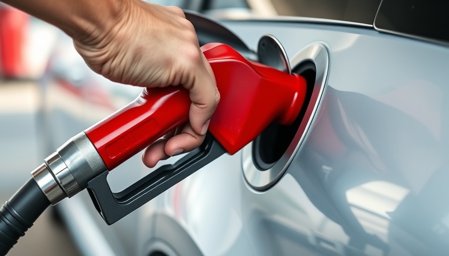 Close-up of hand using red gas pump nozzle at a gas station.