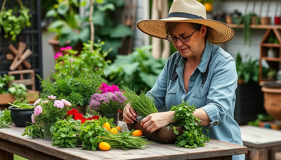 Woman arranging herbs in a lush cut flower garden.
