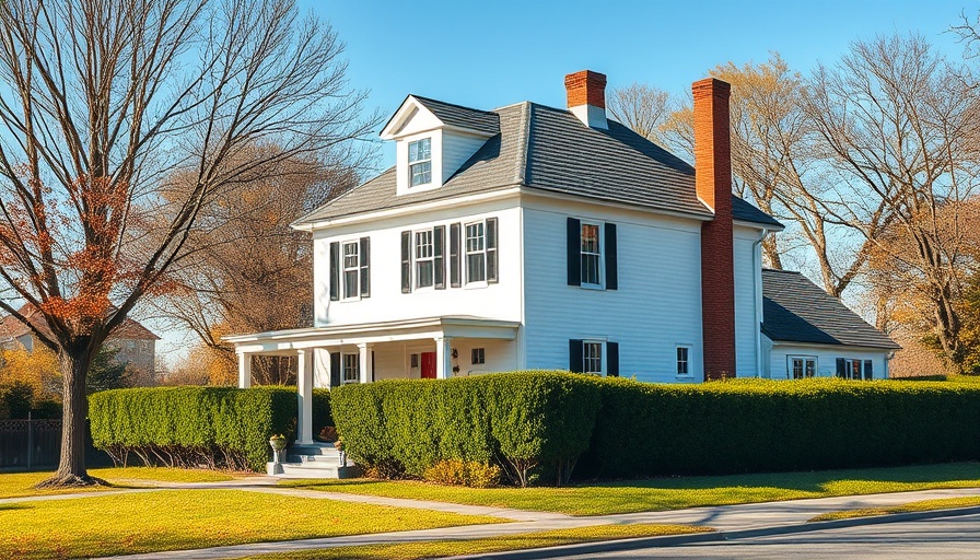 Charming two-story white house amidst autumn foliage.