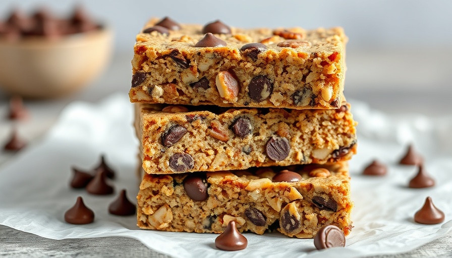 Stacked no-bake protein bars with nuts and chocolate chips.