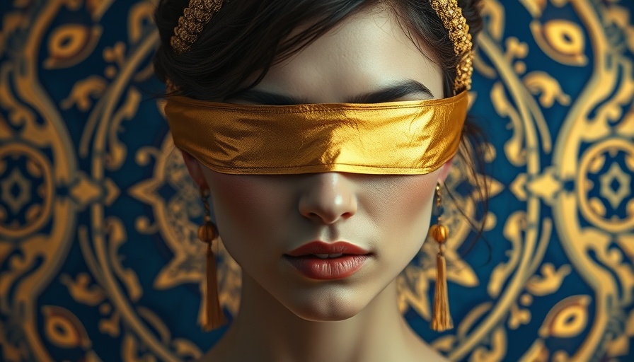 Abstract woman blindfolded with gold, spiritual vs justice theme.