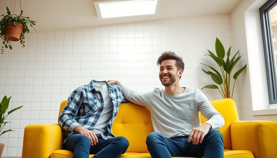 Happy couple moving a yellow couch in sunlit room, energy-efficient decor.