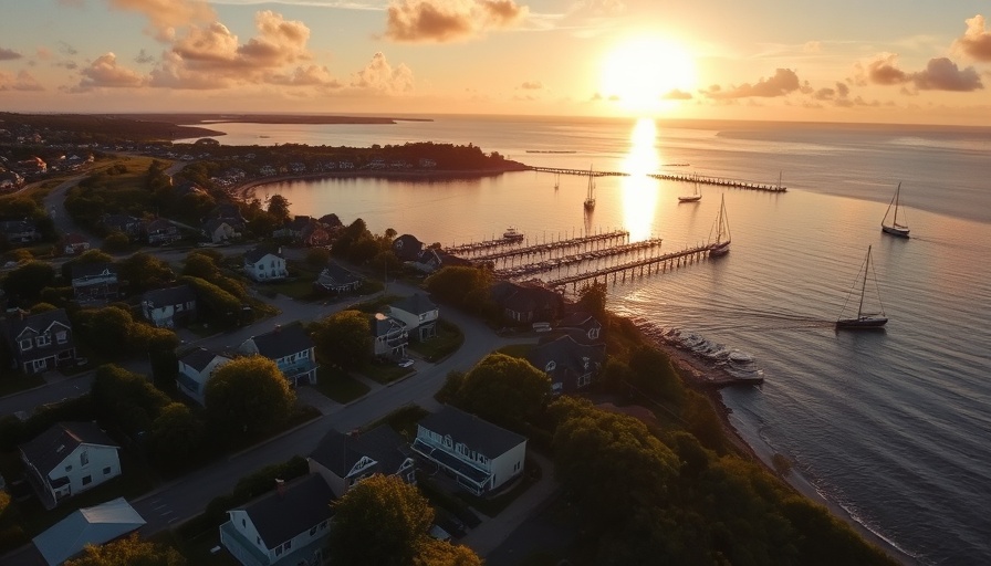 Aerial view of Oyster Bay neighborhood with homes and boats, sunset sky.