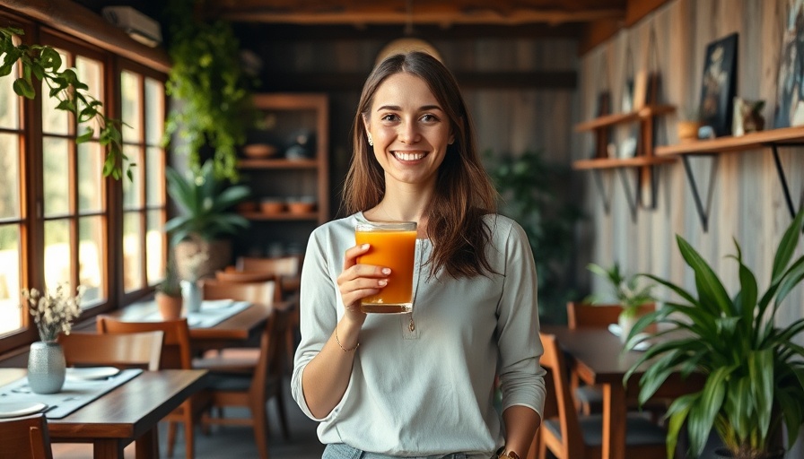 Juicing Benefits and Recipes scene with a woman holding orange juice in a rustic dining area.