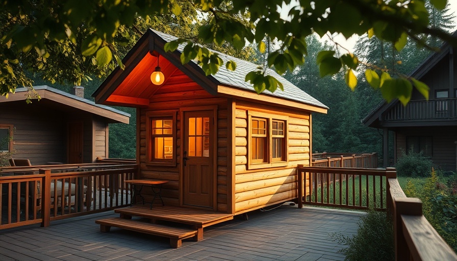 Allwood Claudia Tiny House with deck in lush green setting.