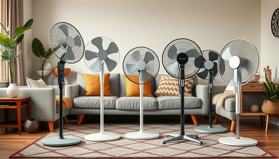 Modern oscillating fans in cozy living room with ambient lighting.