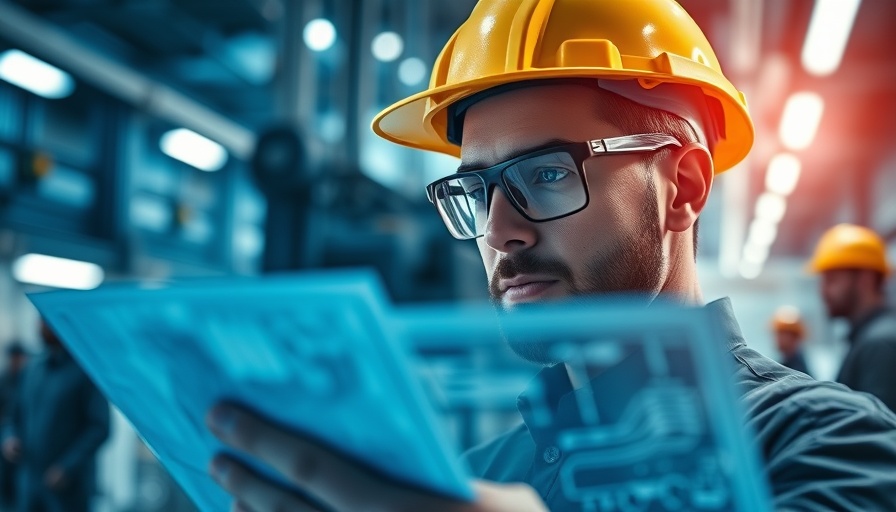 Engineer reviews holographic blueprint in futuristic factory. Find FOK959S-M Model.