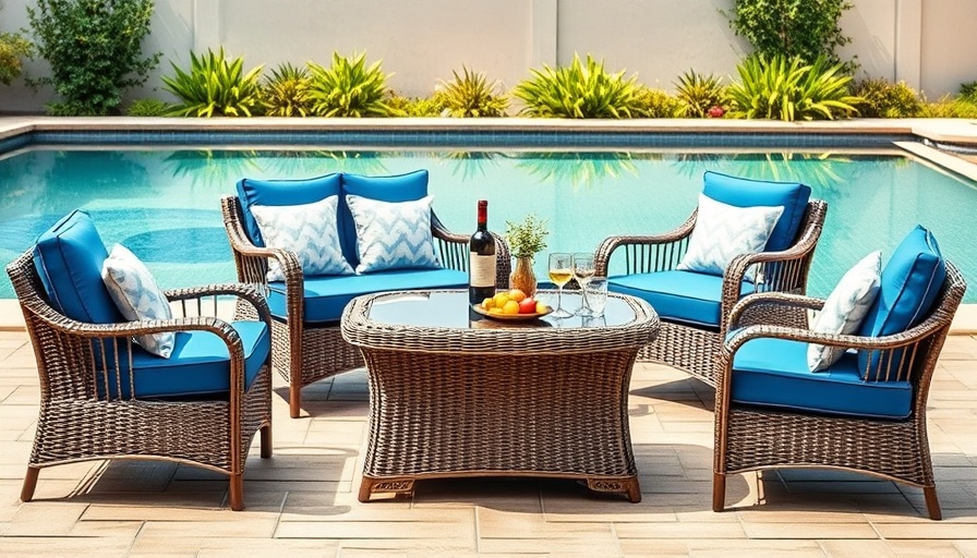 Elegant patio furniture set with blue cushions by poolside, Amazon Secret Outlet Patio Deals.
