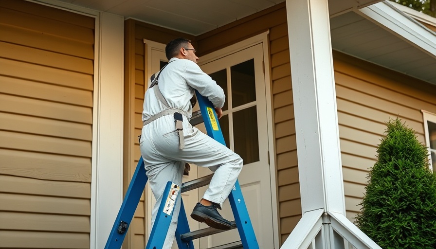 Using a ladder safely on stairs outside a beige house.
