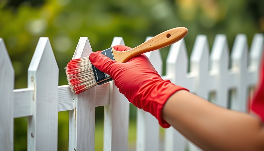 Painting a white picket fence with red gloves close-up