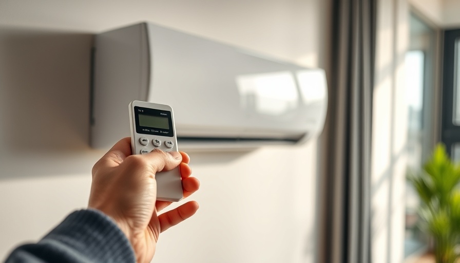 Hand adjusting mini-split AC with remote in bright room.