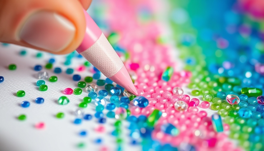 Close-up of paint with diamonds art project using a pink applicator.